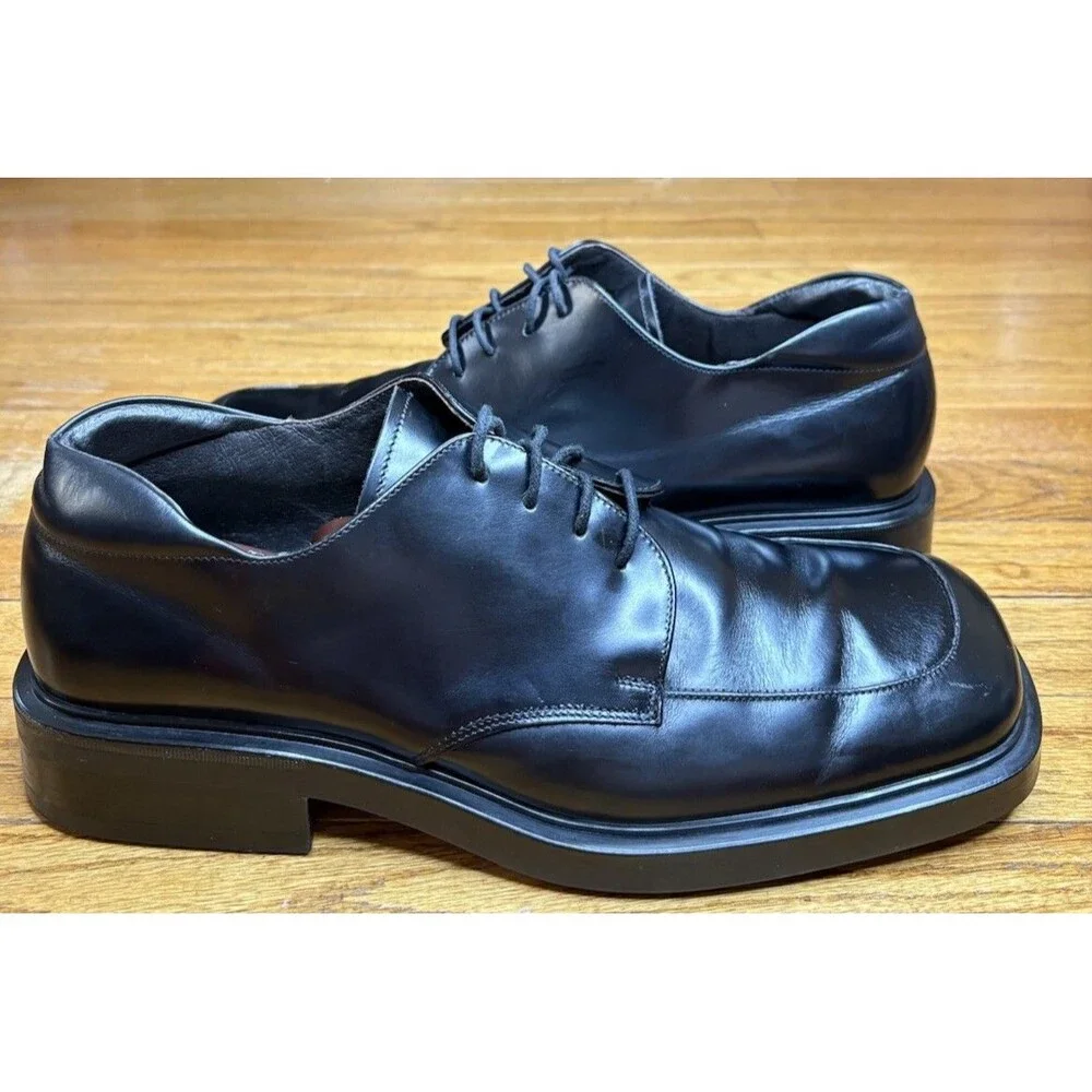 Boemos Men’s 14 Black Leather Vintage Style Dress Shoes Square Toe Derby Italy